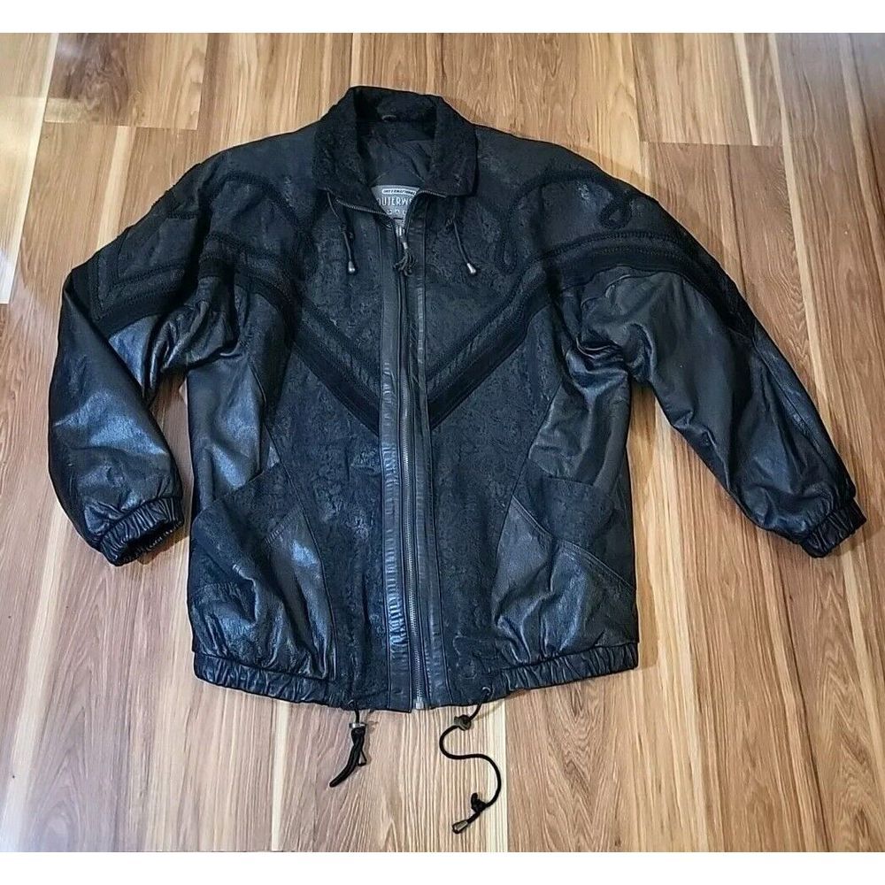 Vtg International Outerwear Black Leather Jacket Mens Med Coat Embroider Western